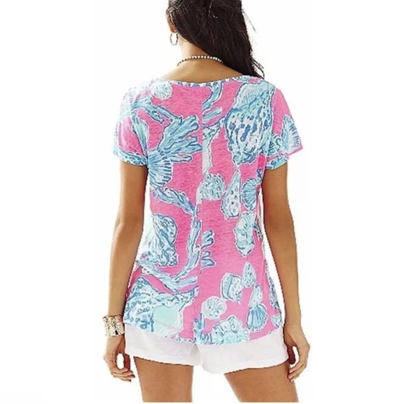 Lilly Pulitzer Mikela Pink Pout Barefoot Princess Blue Shells 100%Linen Shirt XS - Picture 3 of 15